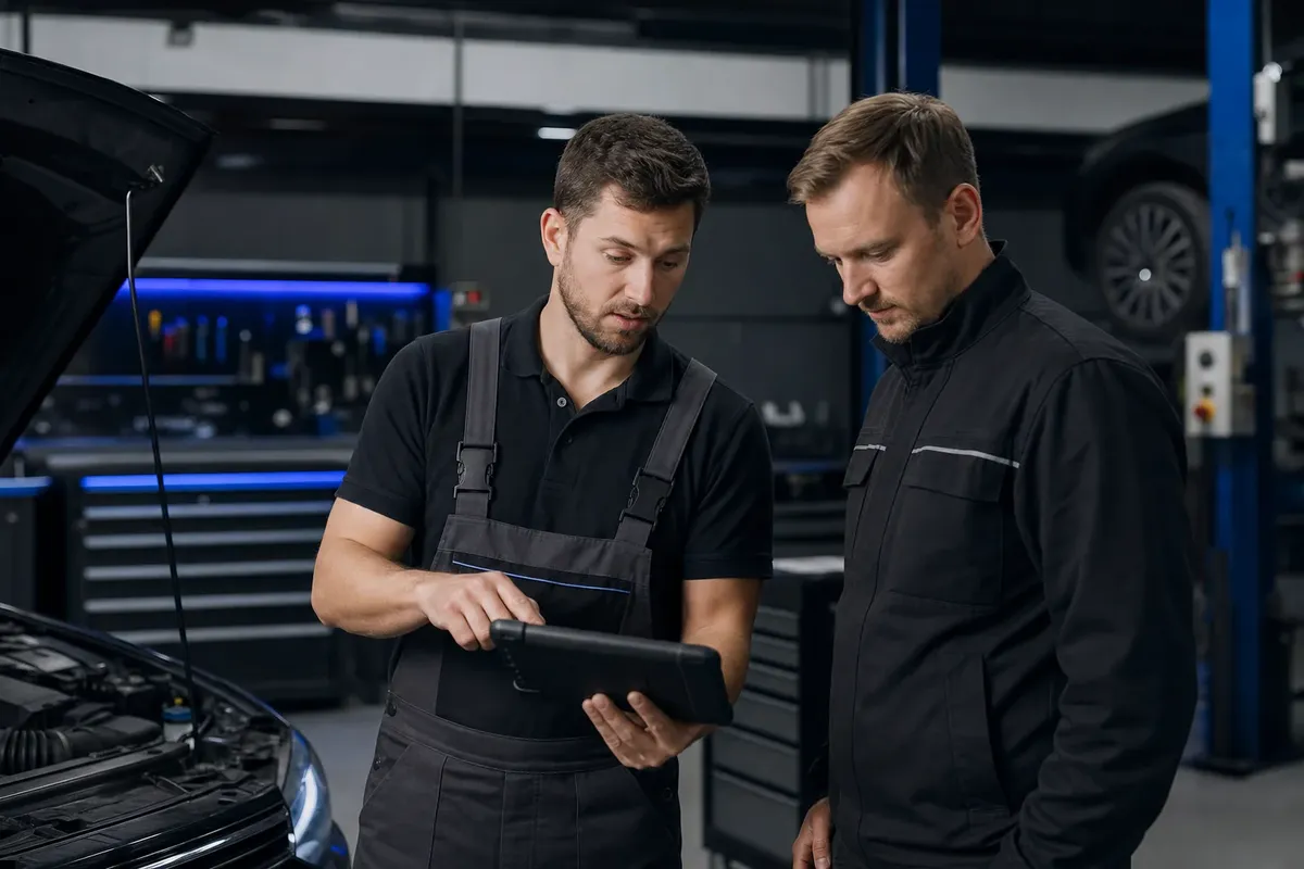 Technikerin erklärt Diagnosebericht am Tablet in modernem Servicebüro